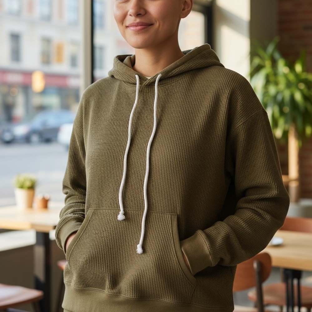 Dark Mustard Oversized Waffle Hoodie with White Drawstrings